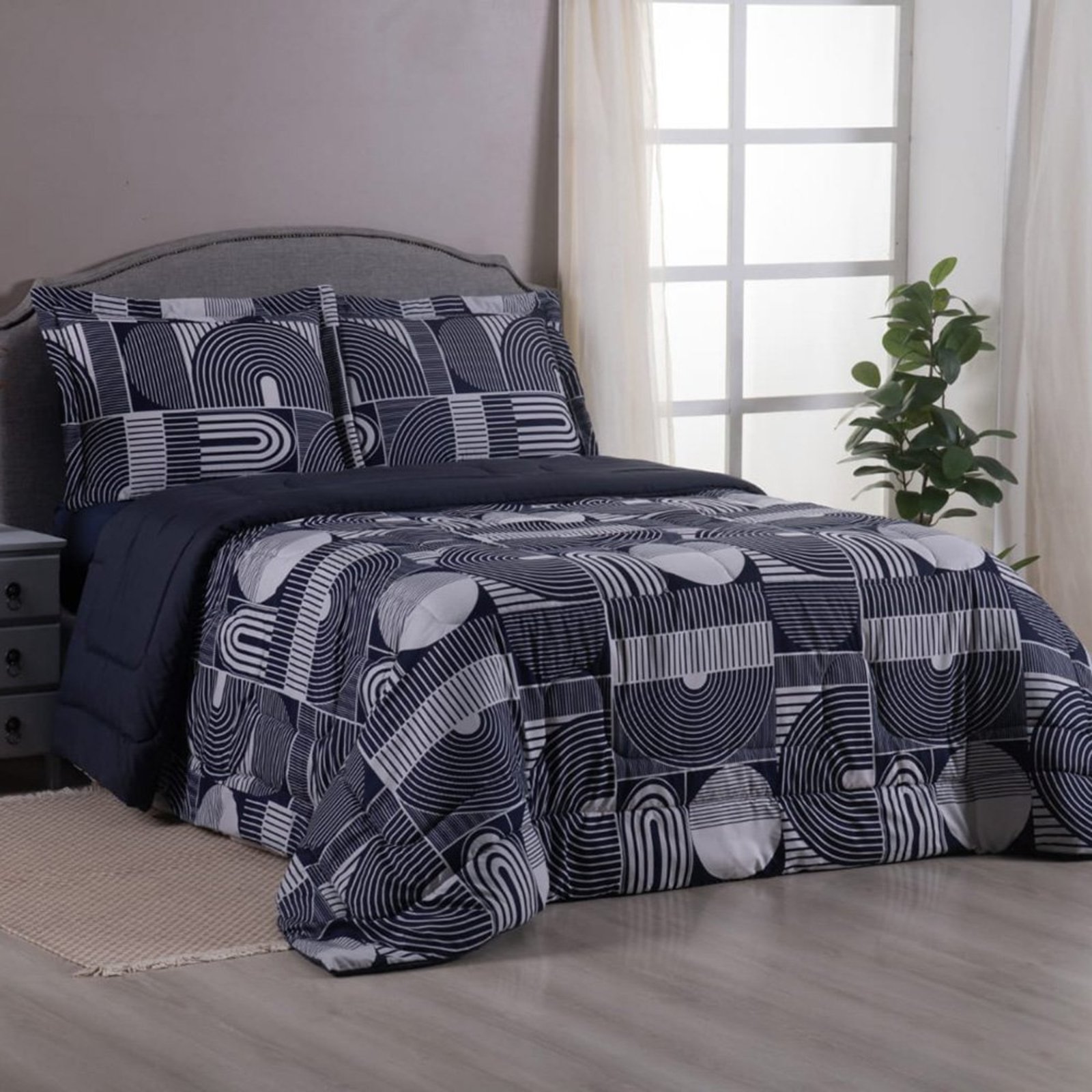 Edredom Dengoso King Micropercal Toque de Algodão Dupla Face - Geométrico Azul