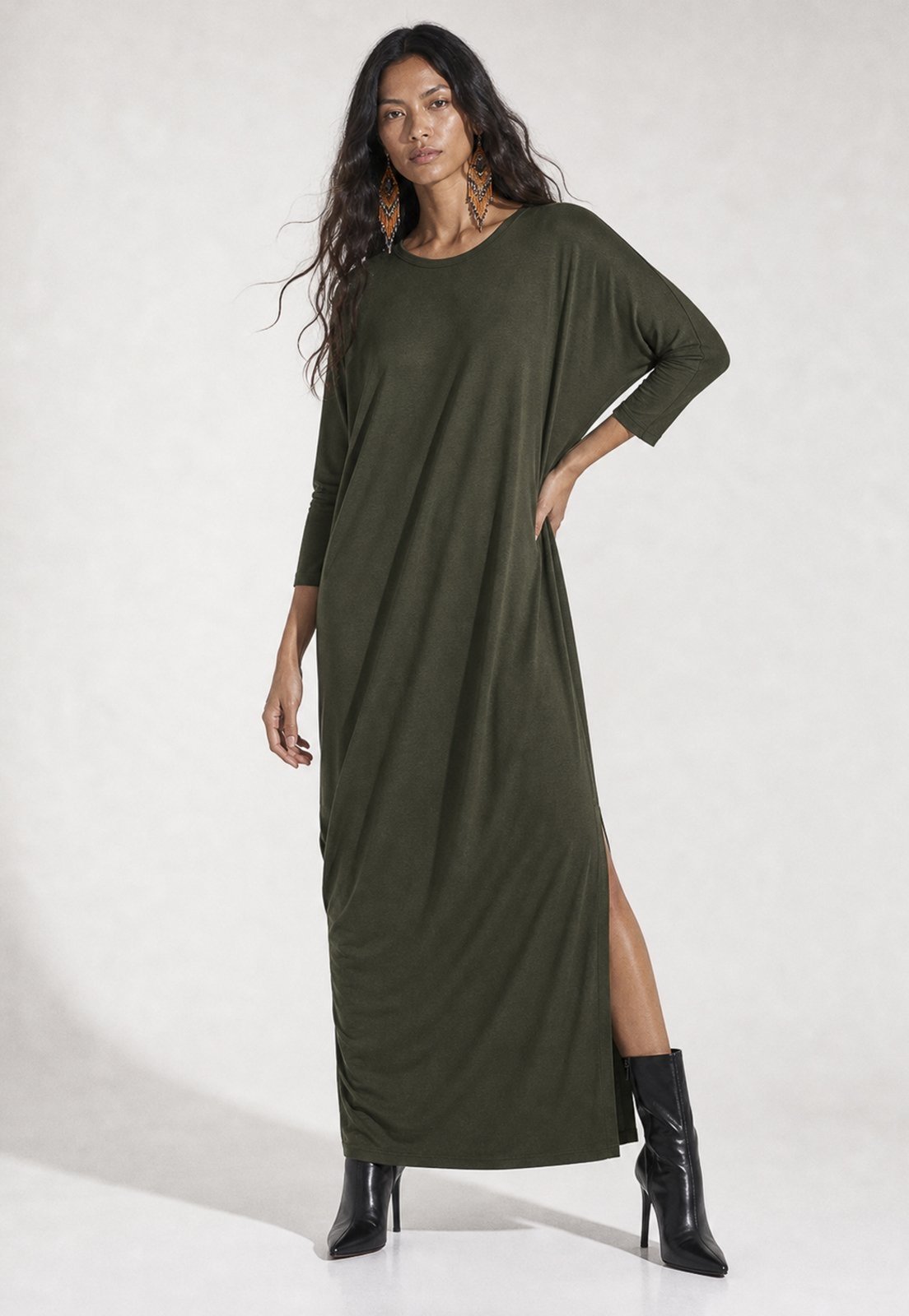 Vestido Longo Amazonia Vital Morcego Manga 3/4 Assimétrico Verde
