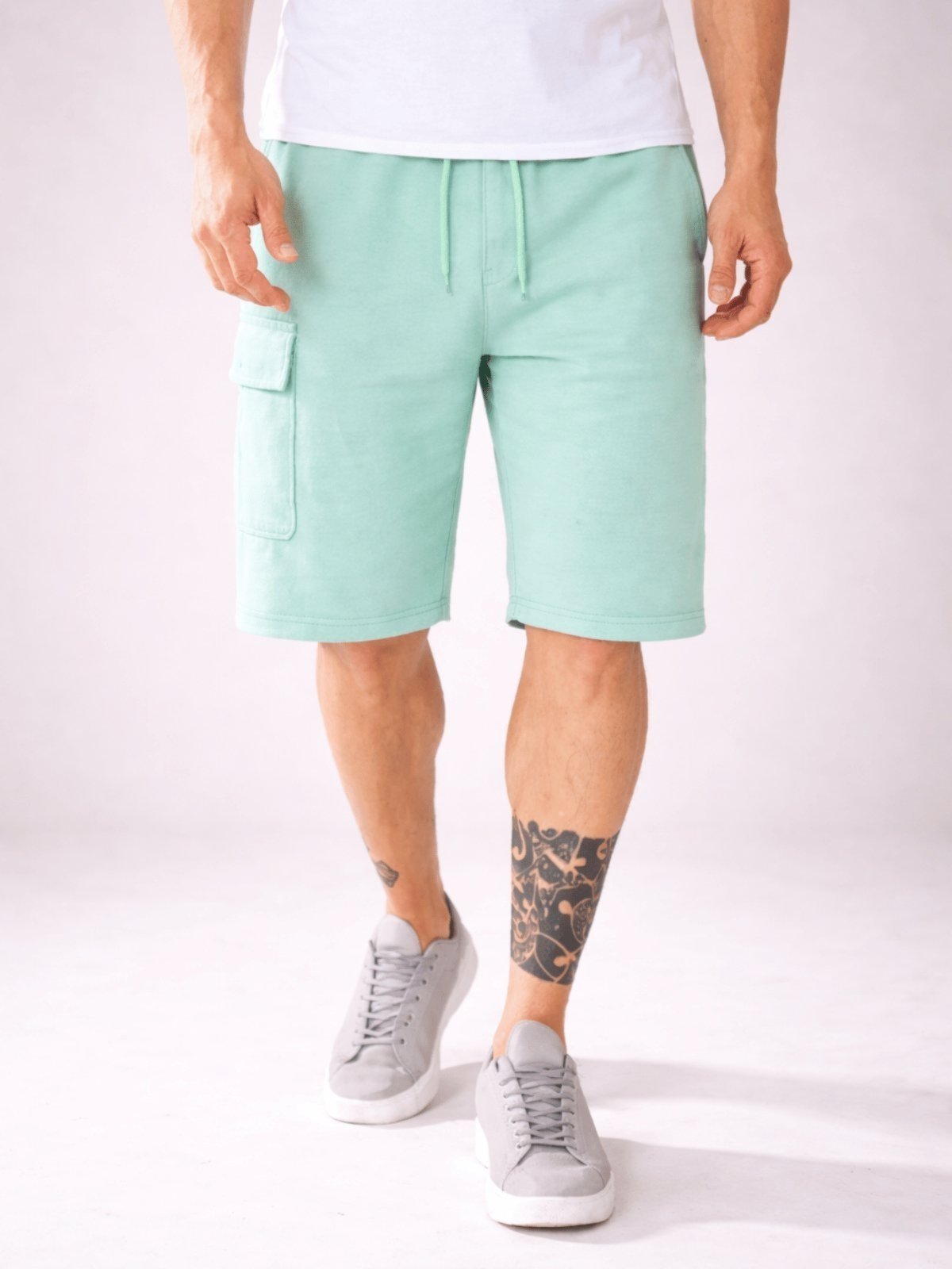 Bermuda Masculina Moletom Verde Agua Bolso Cargo Algodão Grande Casual Bainha Dobrada
