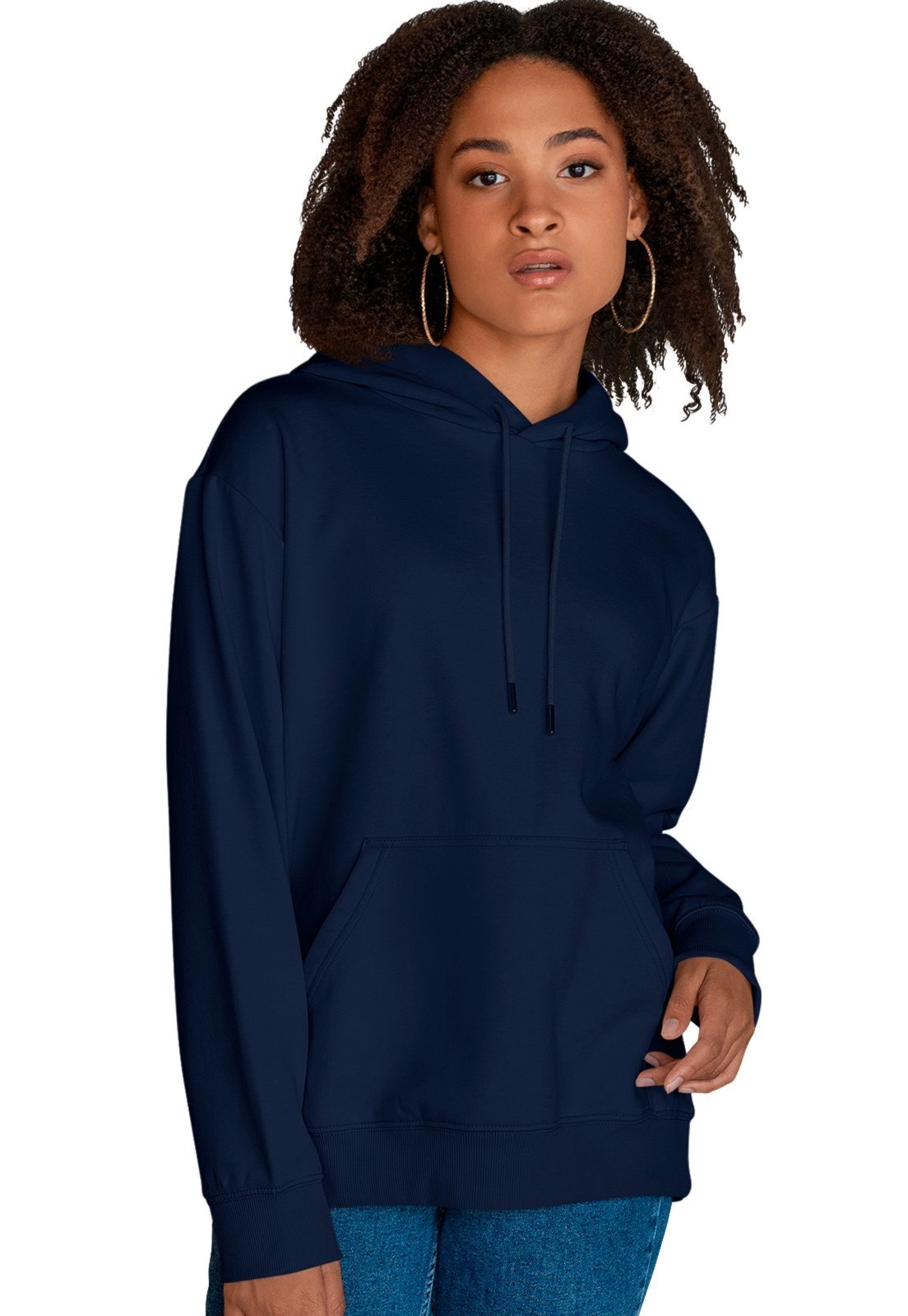 Blusa De Frio Feminina Moletom Liso Com Capuz e Bolso Canguru Felpado Azul Marinho