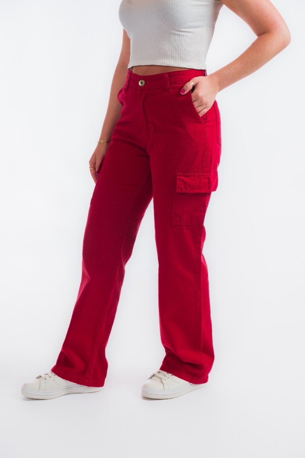 Calça Cargo Aero Jeans Wide leg Sarja Vermelha