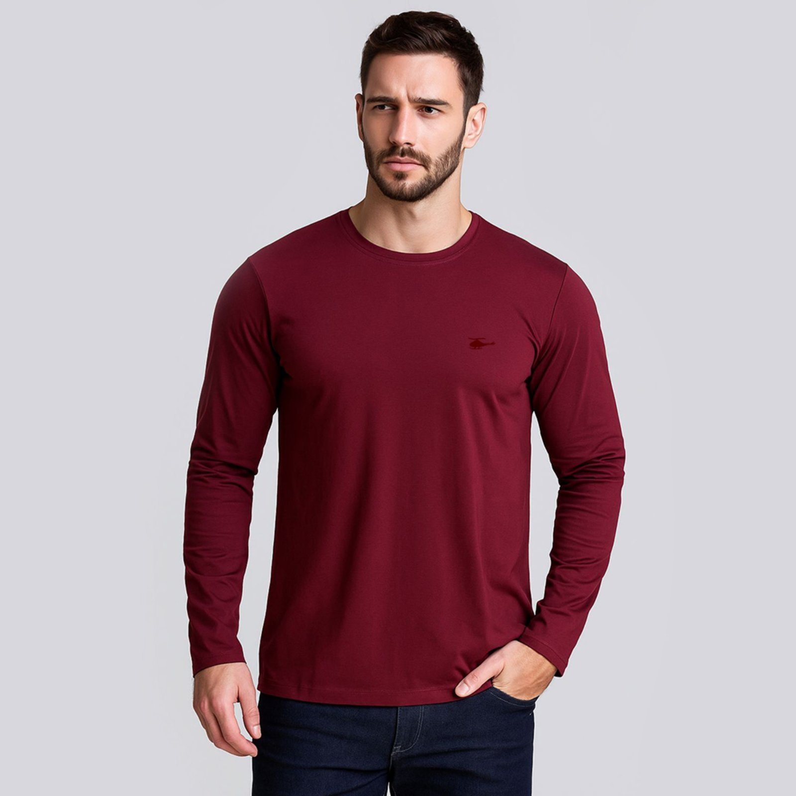 Camiseta Manga Longa Masculina Sallo Gola O Básica Premium Marsala