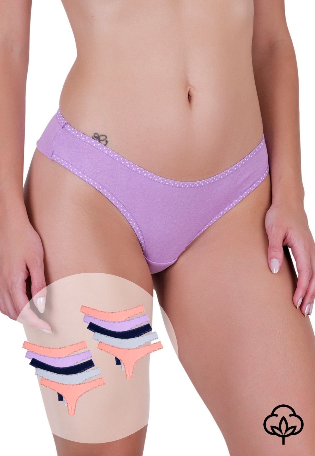 Kit 10 Calcinhas Femininas Algodão Levada Fio Duplo Elástico Poá Concept Lingerie