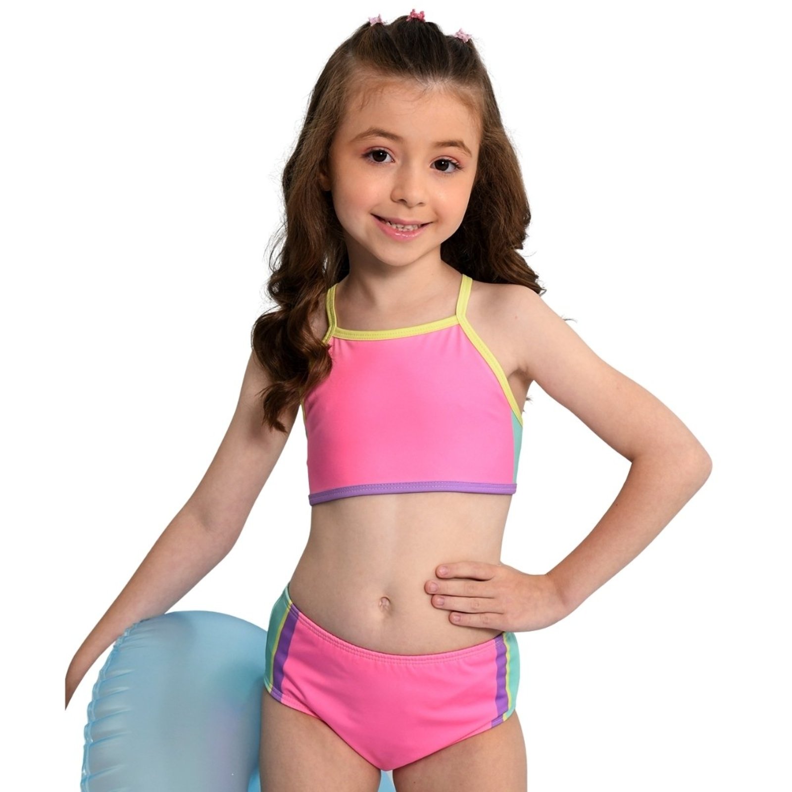 Conjunto Biquíni Menina Top e Tanga Proteção UV FPS 50+ Marujos E Sereias Liso Rosa
