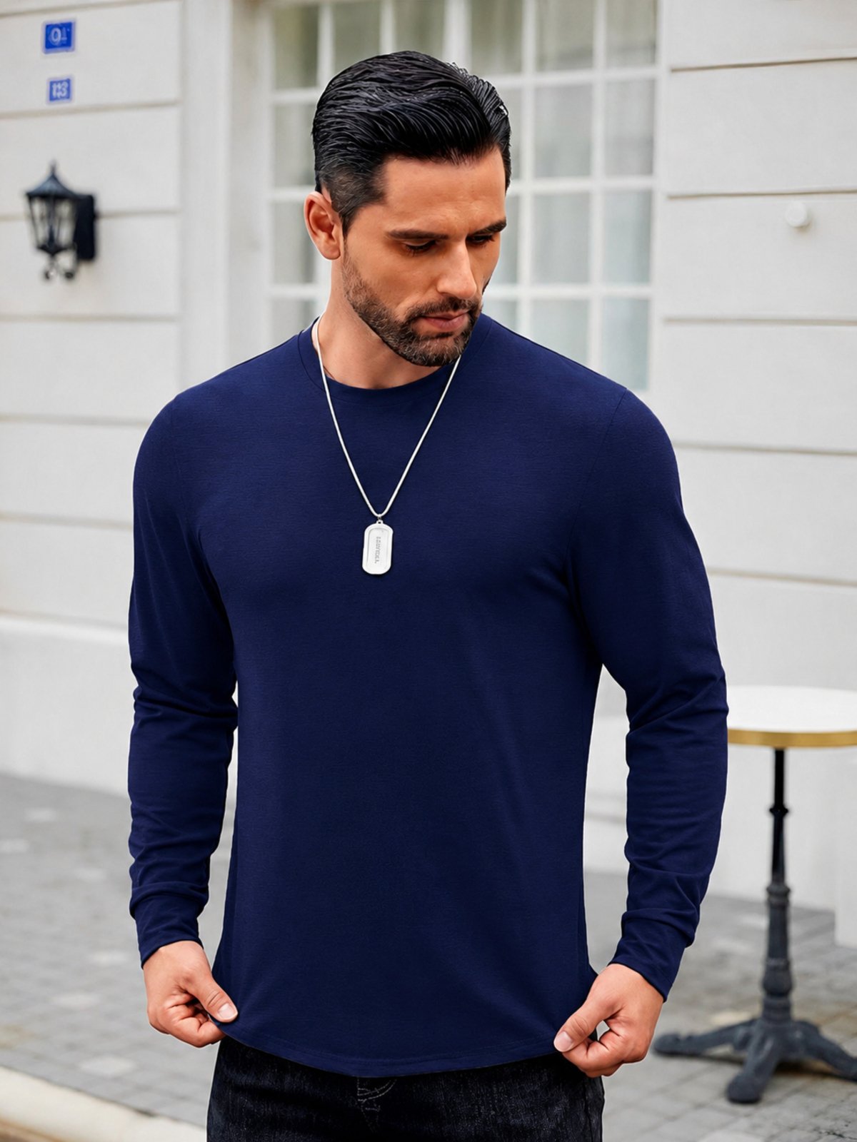 Kit 3 Camisa Masculina Manga Longa Longline Oversized Swag Slim Fitness - Azul Marinho