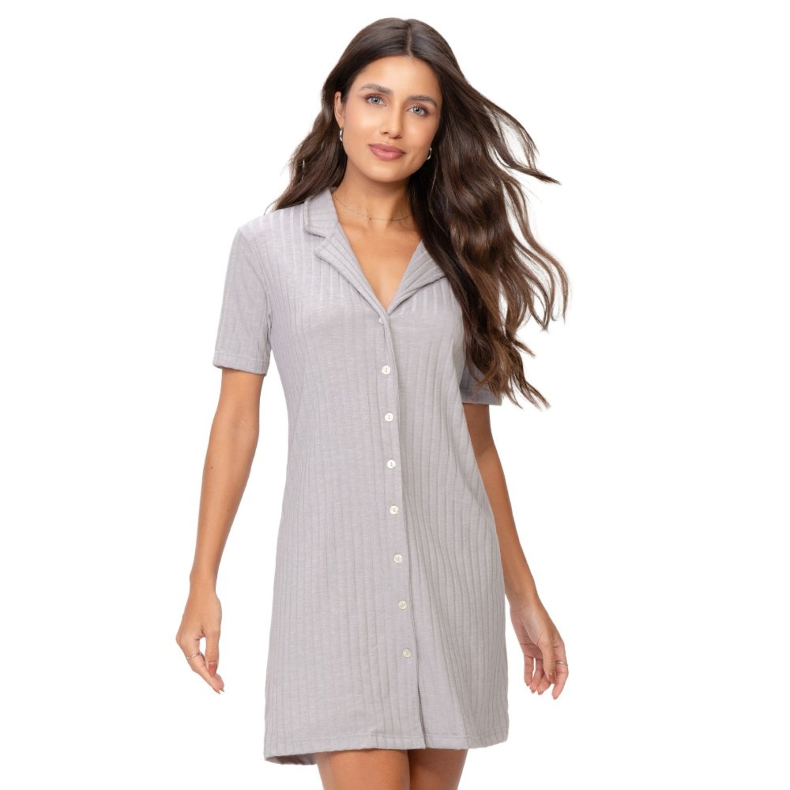 Camisola Americana Feminina Manga Curta Cinza Canelada