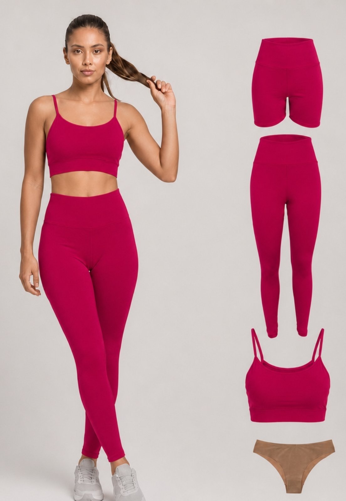 Kit Conjunto Fitness Feminino 4 Peças — Legging, Short, Top e Calcinha Invisível Pink