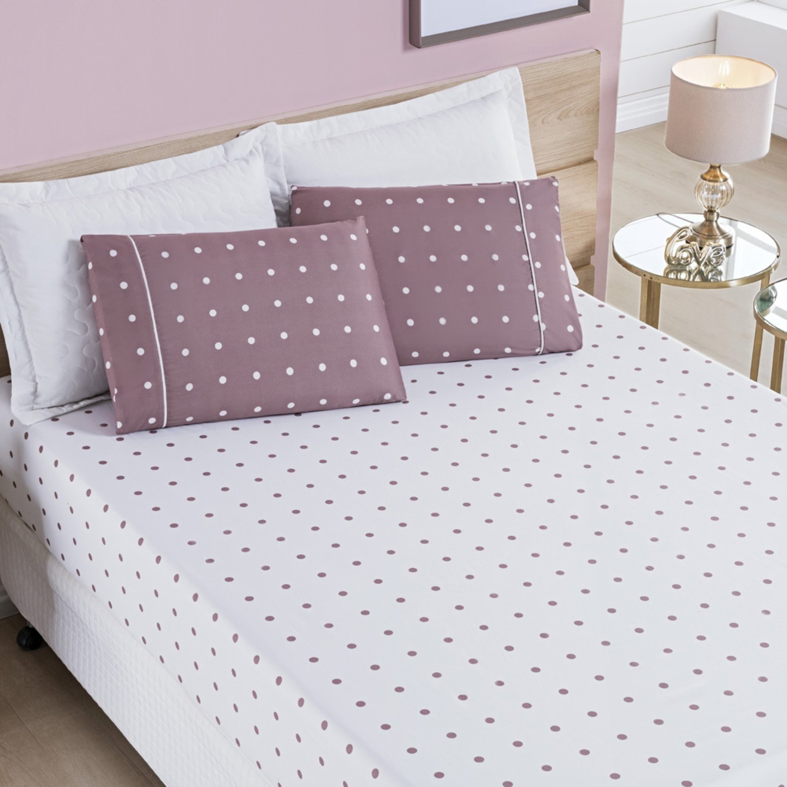 Jogo Cama Lençol Casa Scarpa Meggy Poá King Bolinhas Micropercal 200 Fios 3 Peças - Rosê