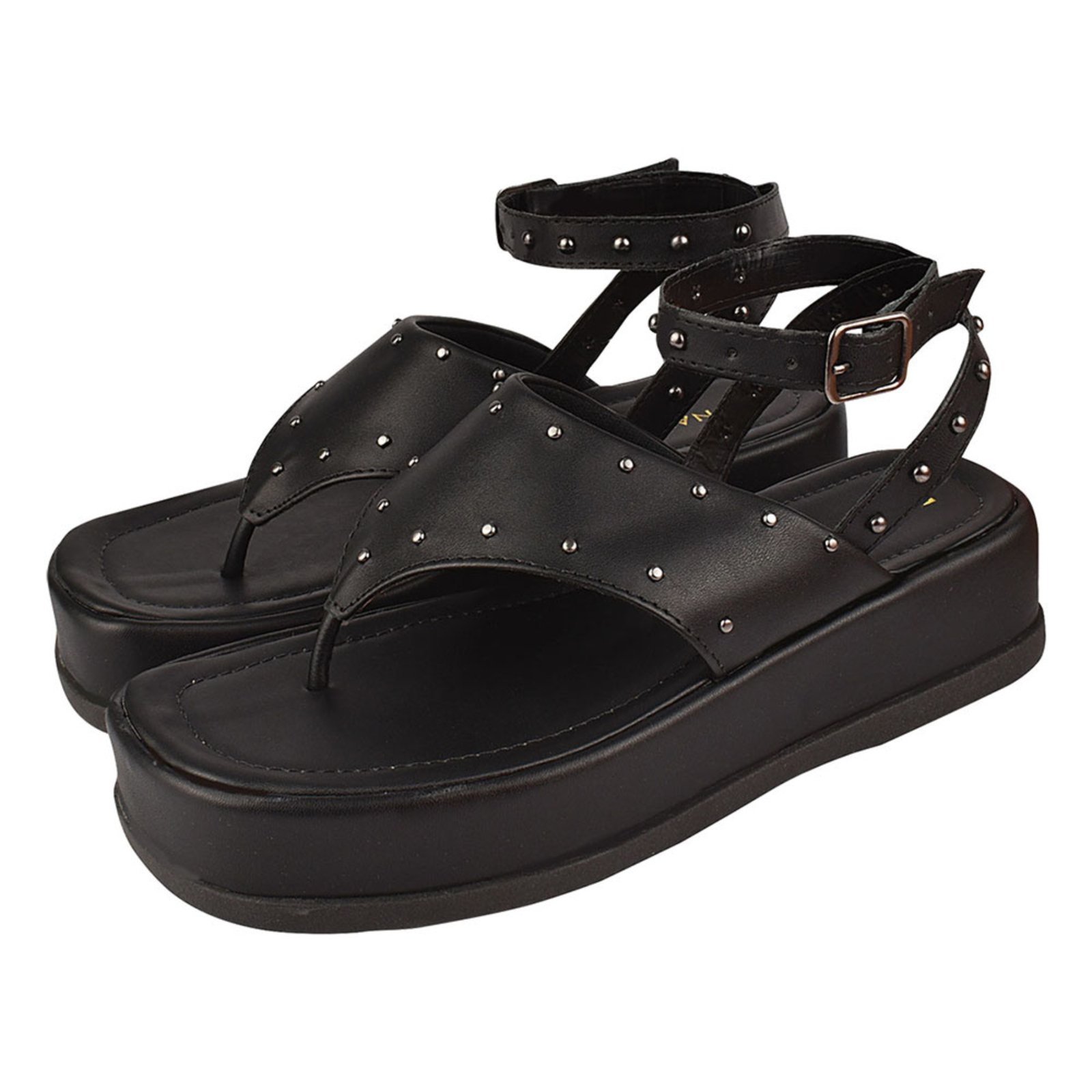 Sandália Plataforma Feminina Chinelo Donatella Shoes Macio Confortável Flatform Hotfix Rebite Spike Preto