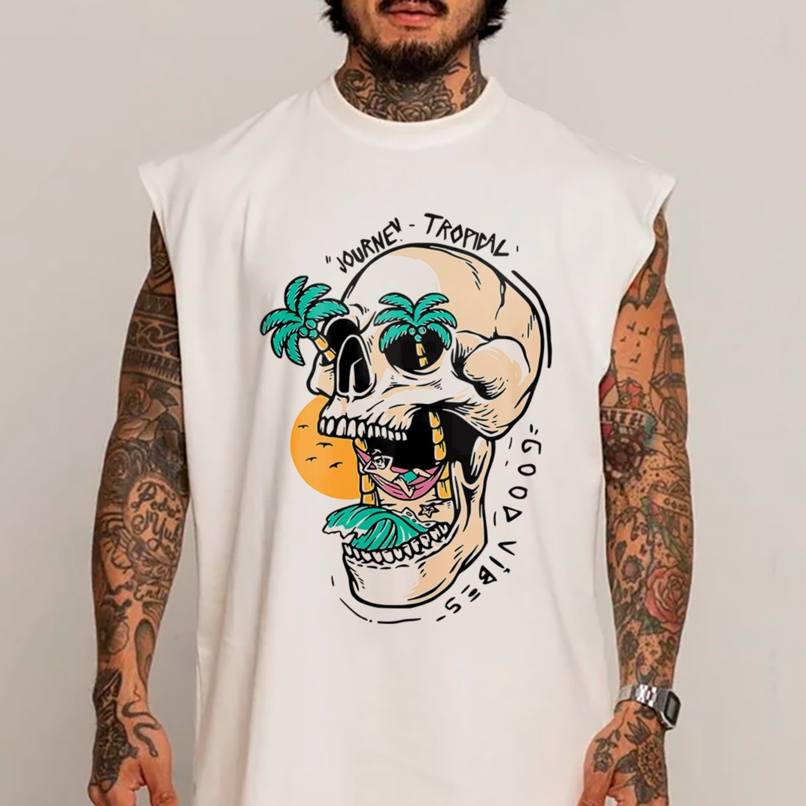 Camiseta Regata Machão Caveira Verão Tropical Hype Streetwear Branco