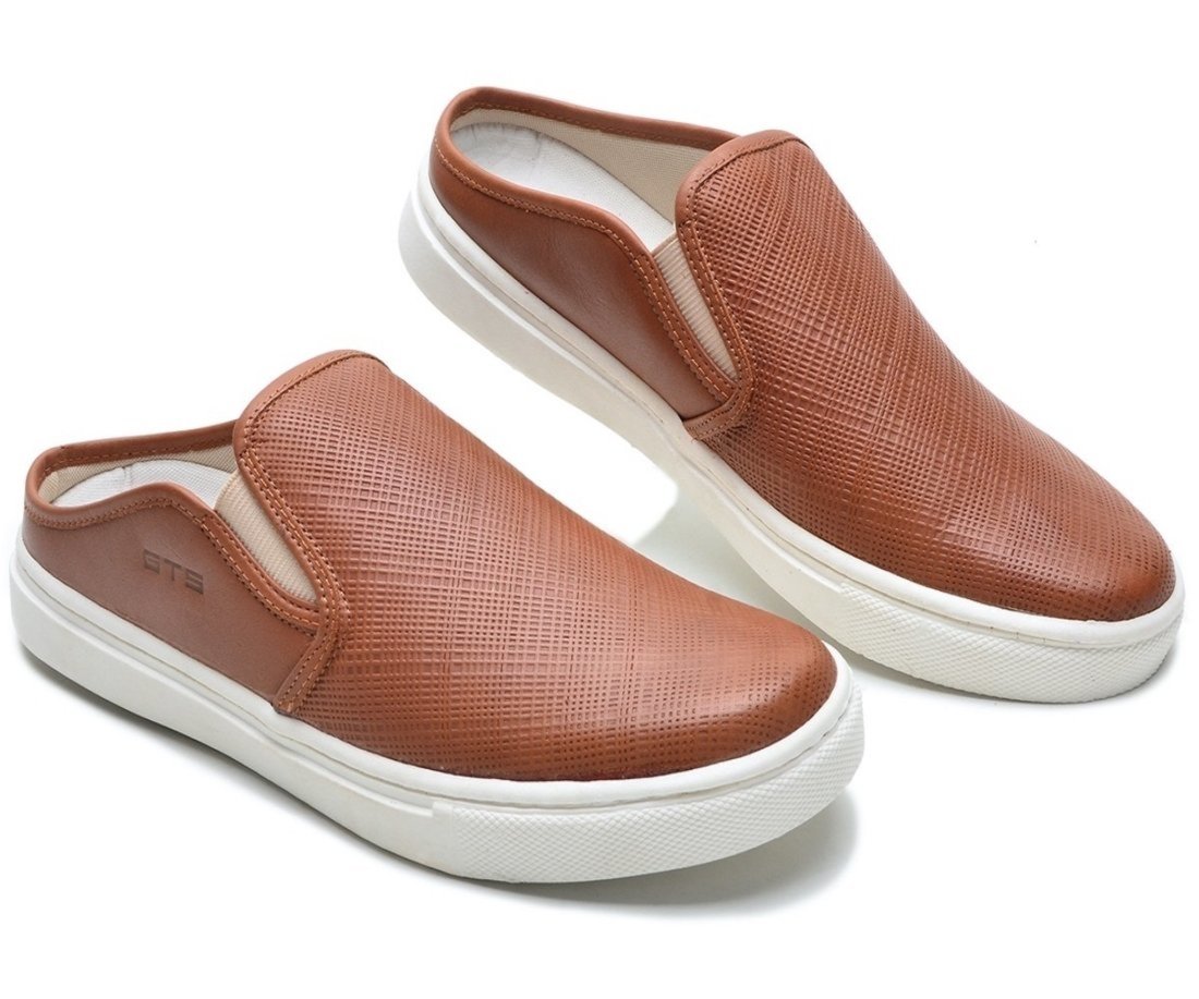Vista 3 Tênis Mule Couro Casual Slip On Babuche Masculino Solado Flat Confortável Prático Versátil Whisky FRANCA GRIFFE marrom FRANCA GRIFFE marrom