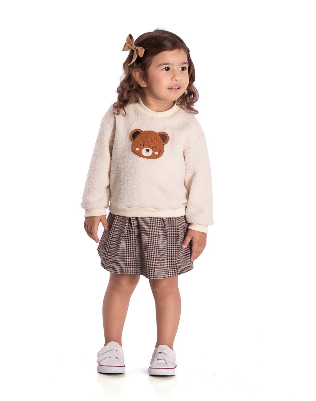 Infantil - Conj. casaco em pelo bege + saia-shorts jacquard pied de poule marrom