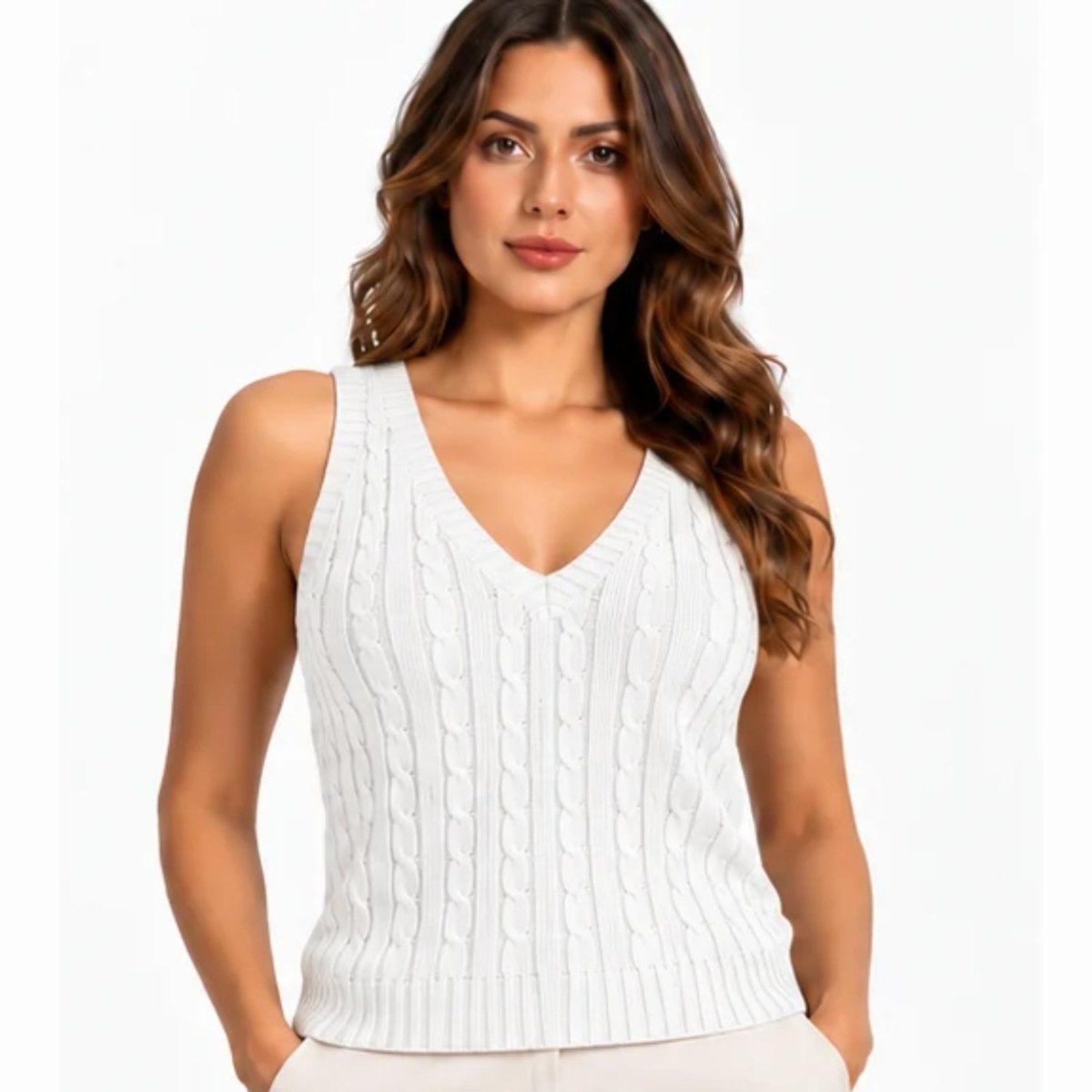 Regata Feminina Tricô Trançado Decote V Blusa Sem Manga Casual Branco