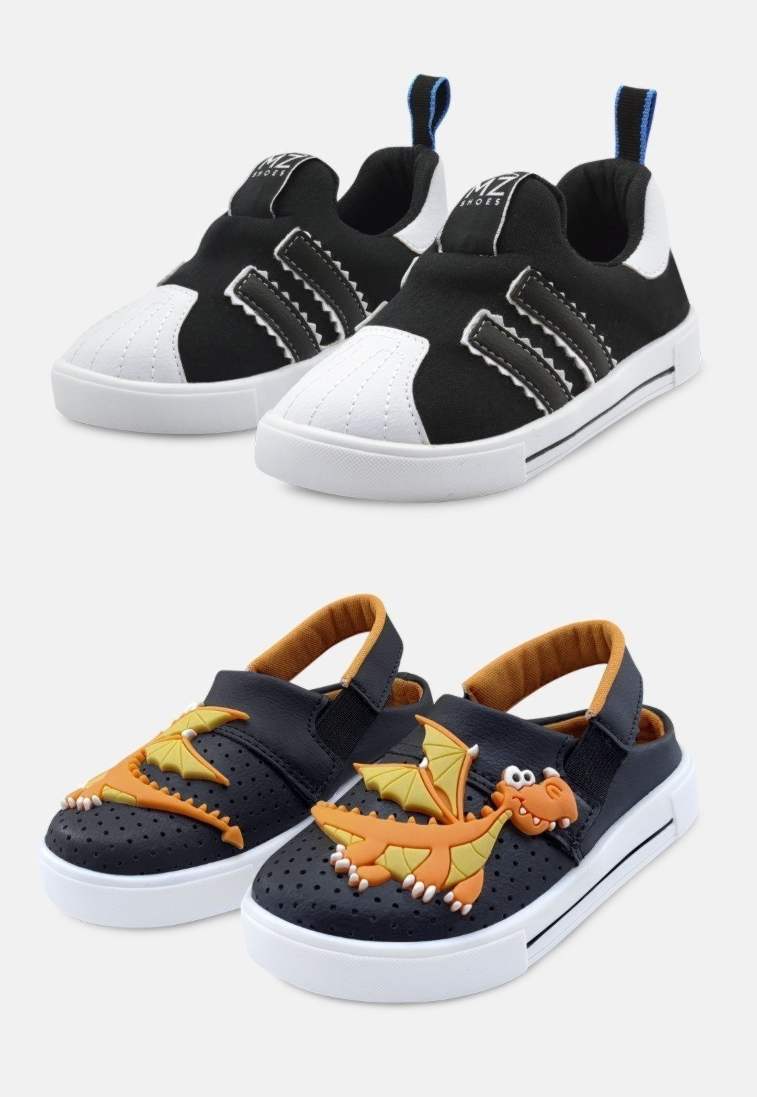 Infantil – Kit 2 Pares Tênis Magic Mzkid e Sandália Babuche Dinossauro Preto/Laranja