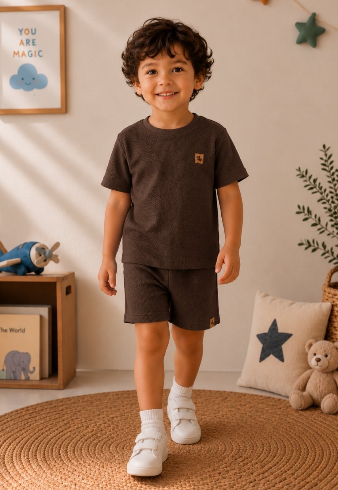 Infantil - Conjunto Menino Camisa e Bermuda Tecido Texturizado Daze Modas Marrom