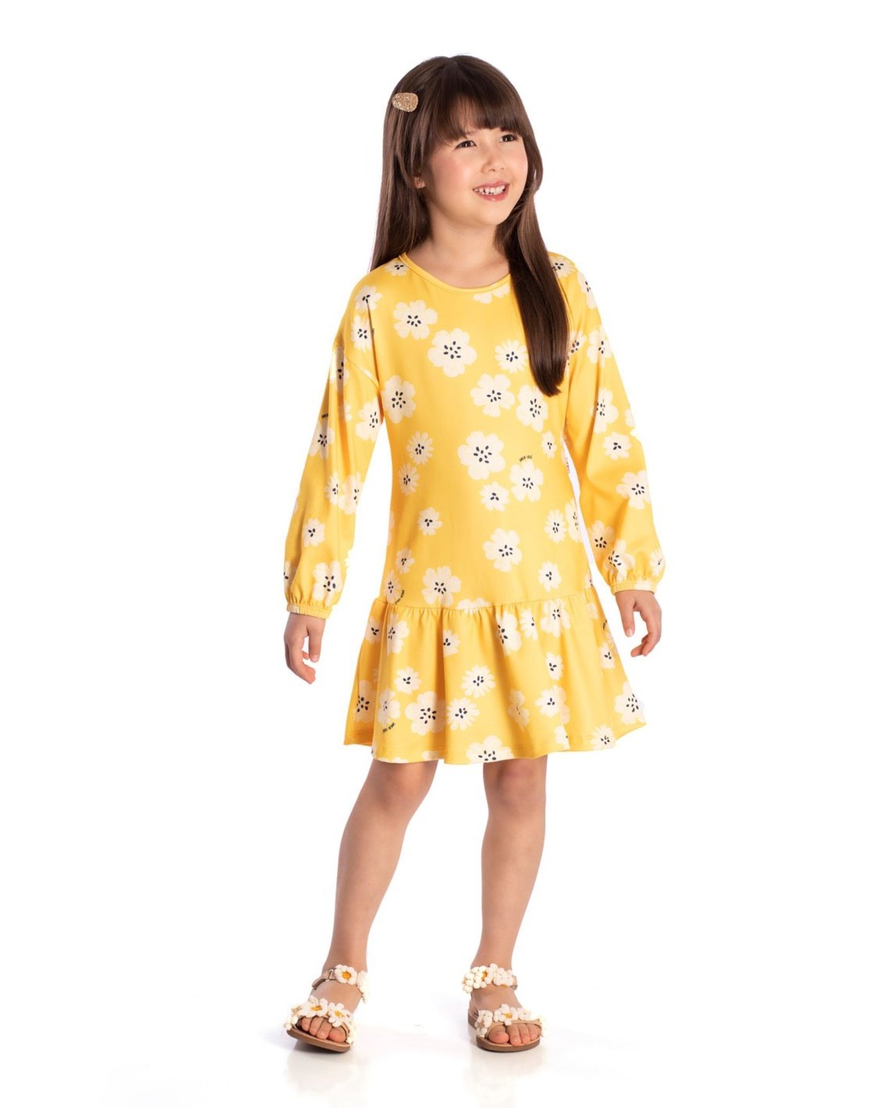 Infantil - Vestido floral manga longa malha modal amarelo