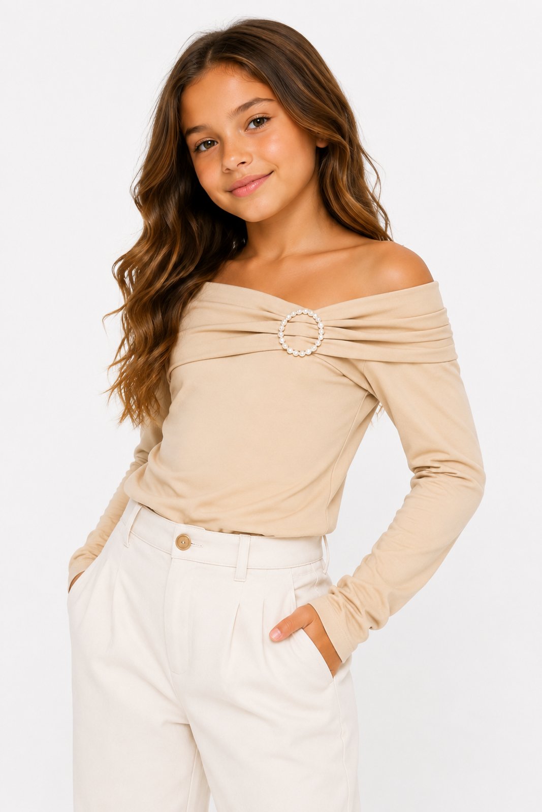 Infantil - Blusa D Bell Outlet Fashion Ombro a Ombro Areia