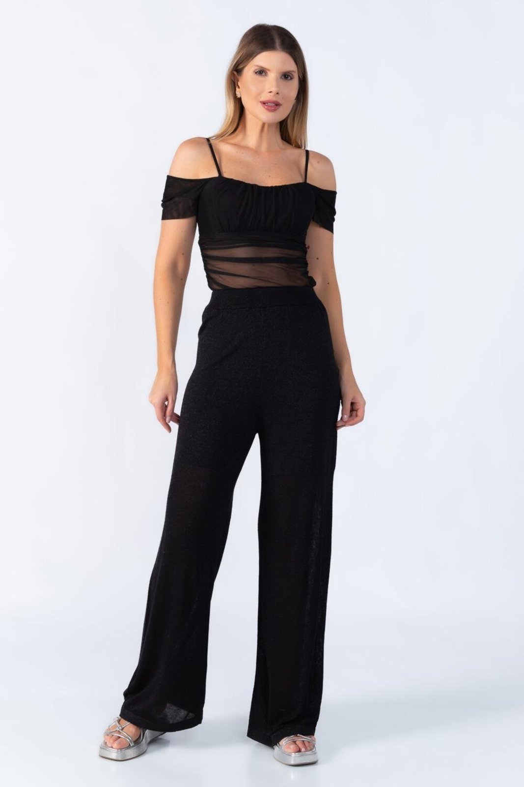 Calca pantalona fios de lurex Preto