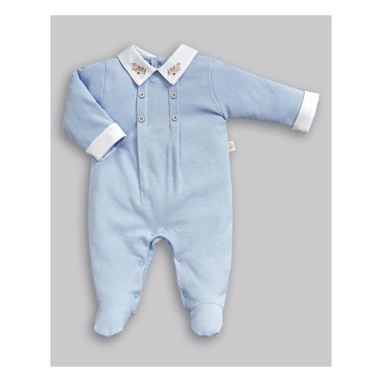 Infantil - Macacão Longo Pé e Gola Polo Bordada Anjos Baby Azul P Azul