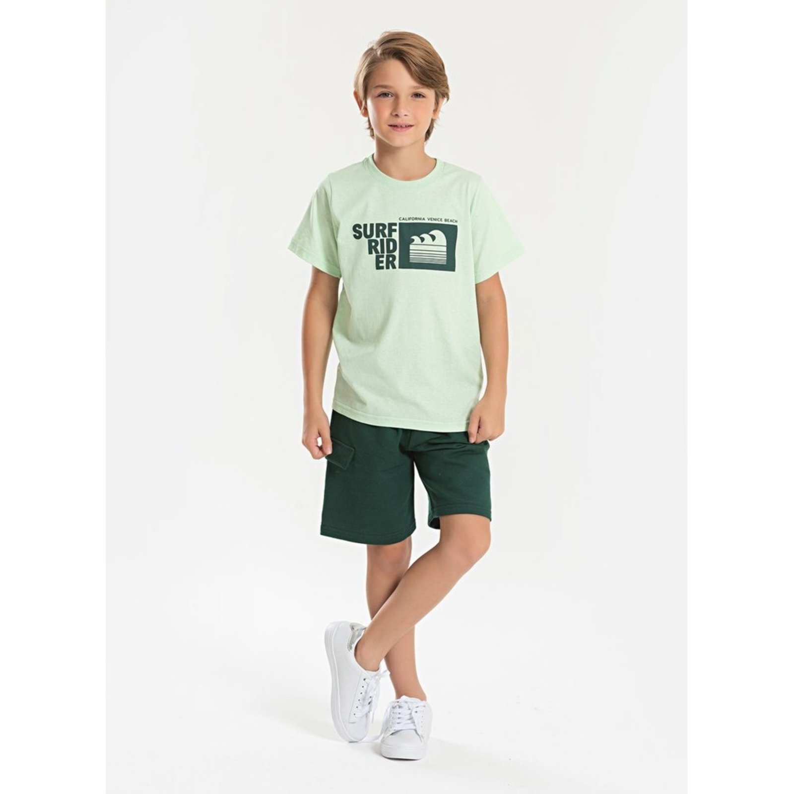 Infantil – Conjunto Verão Menino Verde Camiseta e Bermuda com Lapela Surf Rider
