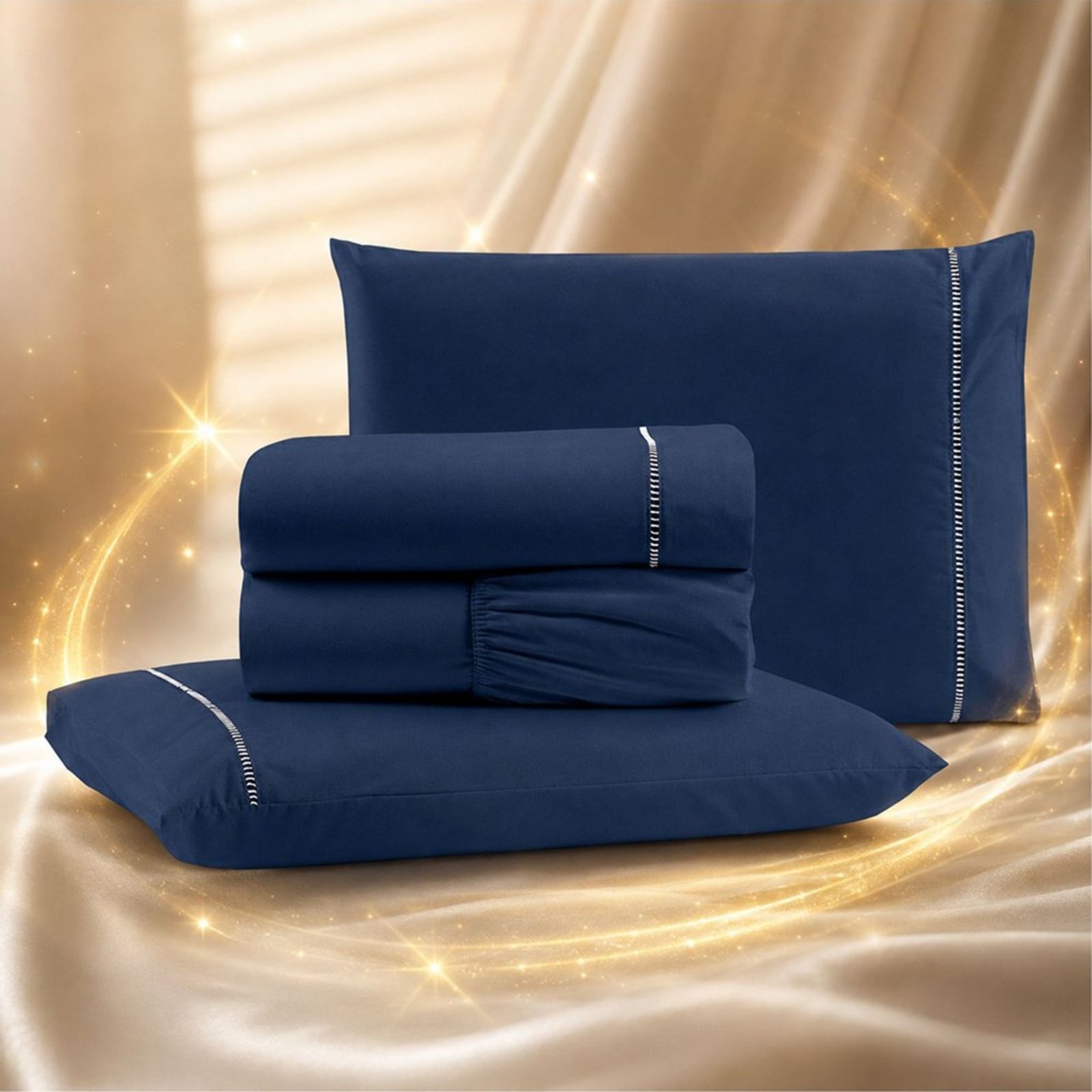 Jogo de Cama Lençol Quality King Micropercal 600 fios Macio 4 Peças - Marinho