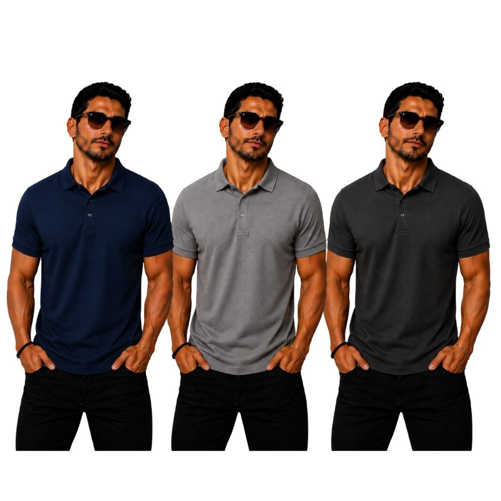 Kit 3 Camisas Polo Poliamida Masculina Básica Premium Multicolorido