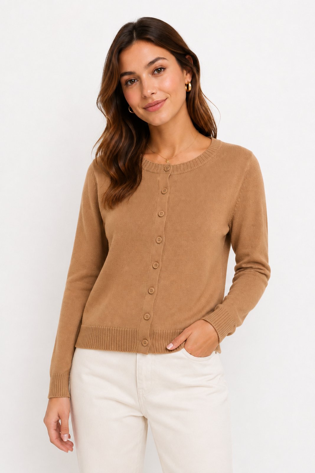 Cardigan Tricôt D Bell Outlet Fashion Botões Caramelo