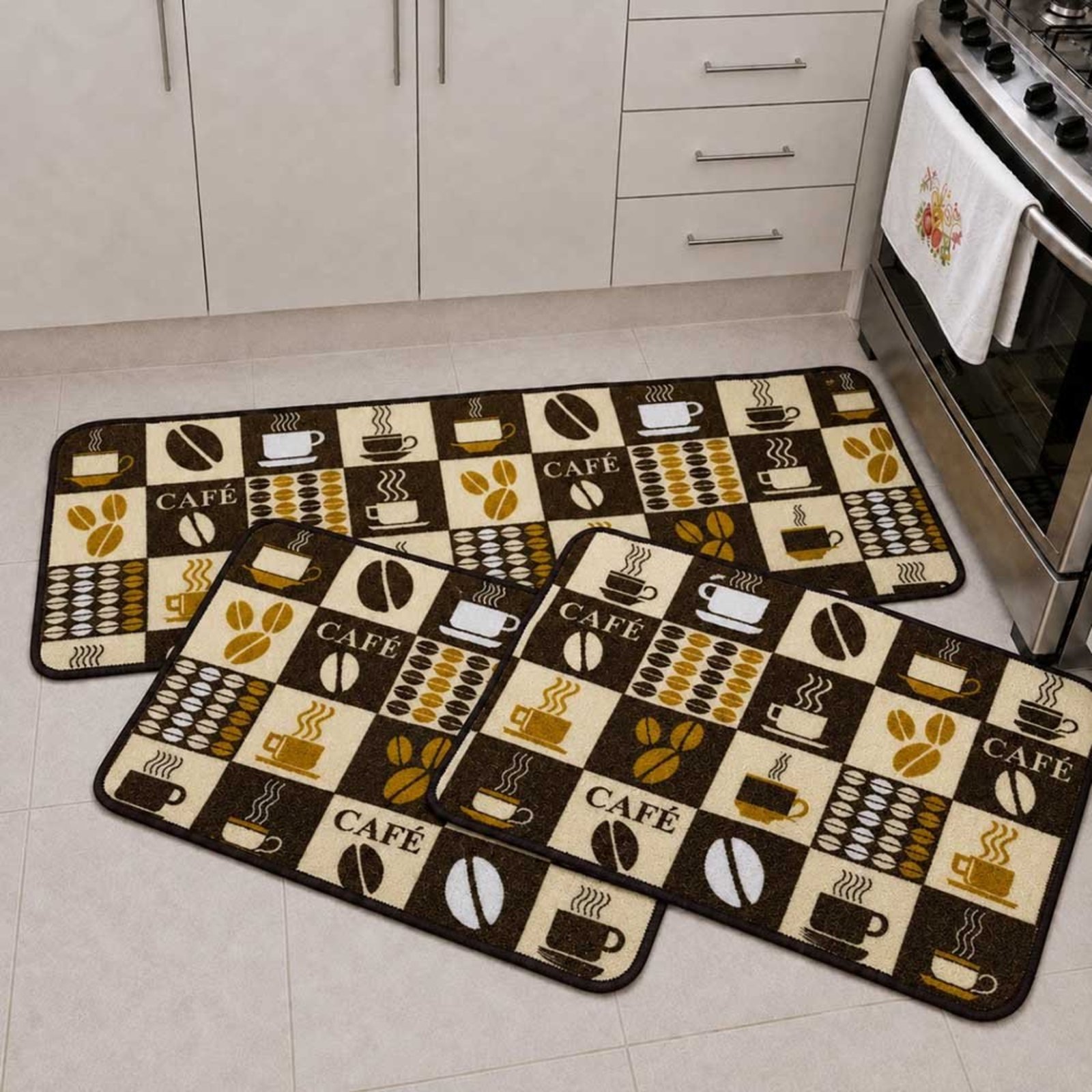 Kit Tapete para Cozinha 3 Peças Passadeira Antiderrapante Emborrachada Carpete Café