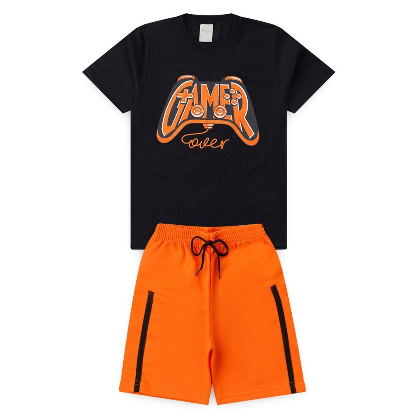 Infantil - Conjunto Verão Menino Preto Camiseta e Bermuda com Recorte Gamer