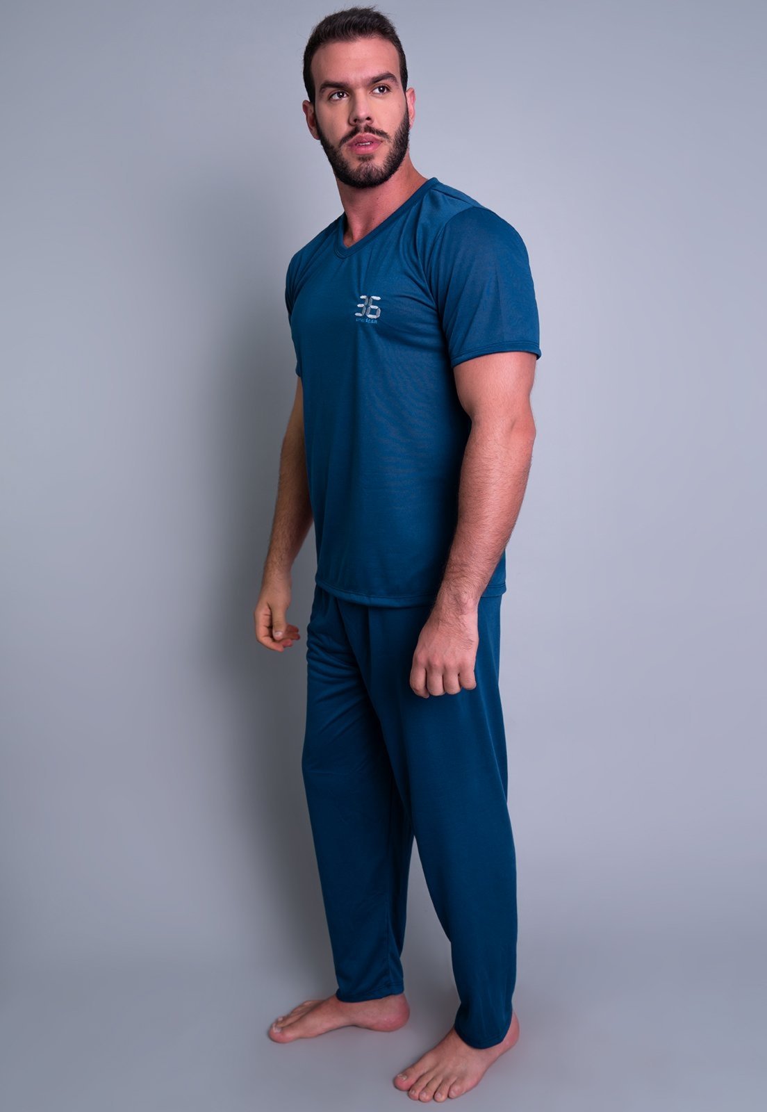 Pijama Longo MVB Modas Manga Curta E Calça Comprida Adulto Azul
