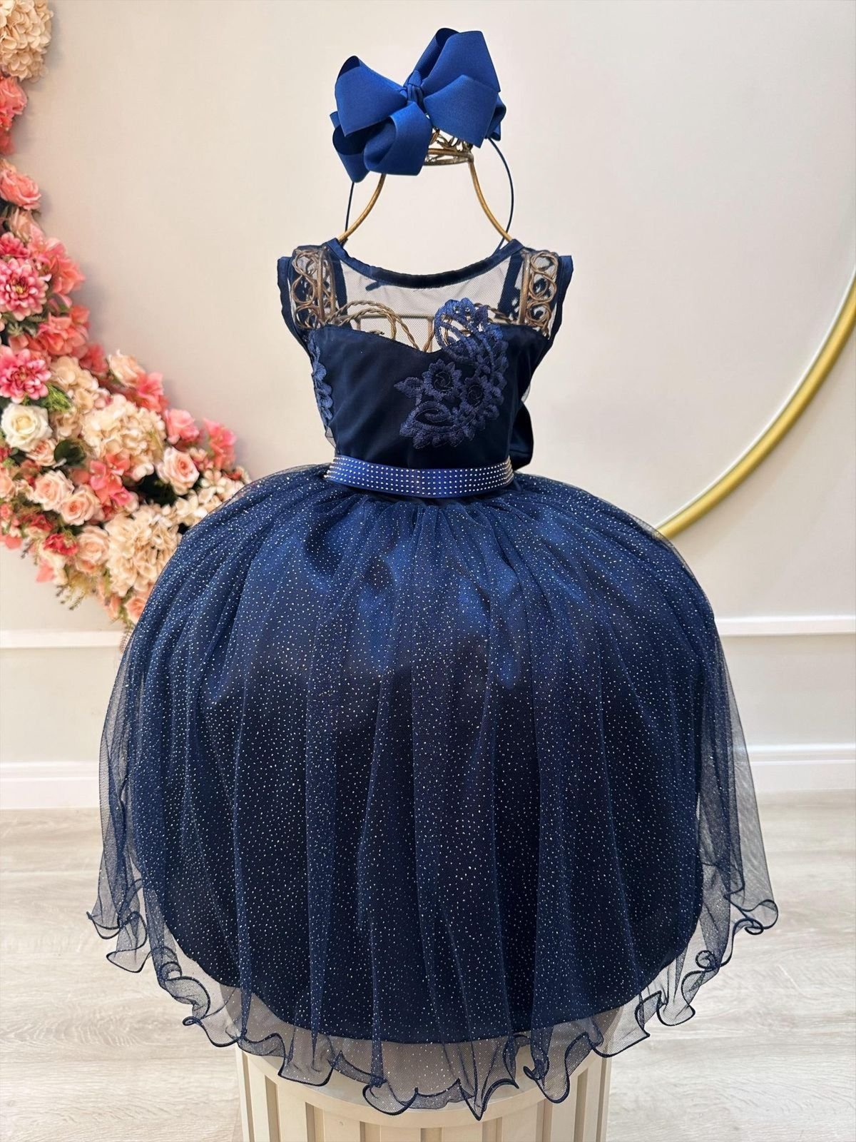Infantil - Vestido Festa Azul Escuro Marinho Formatura Casamento Renda Dama Daminha Florista Social Menina Juvenil Pérolas Princesa Rodado Aniversário Luxo