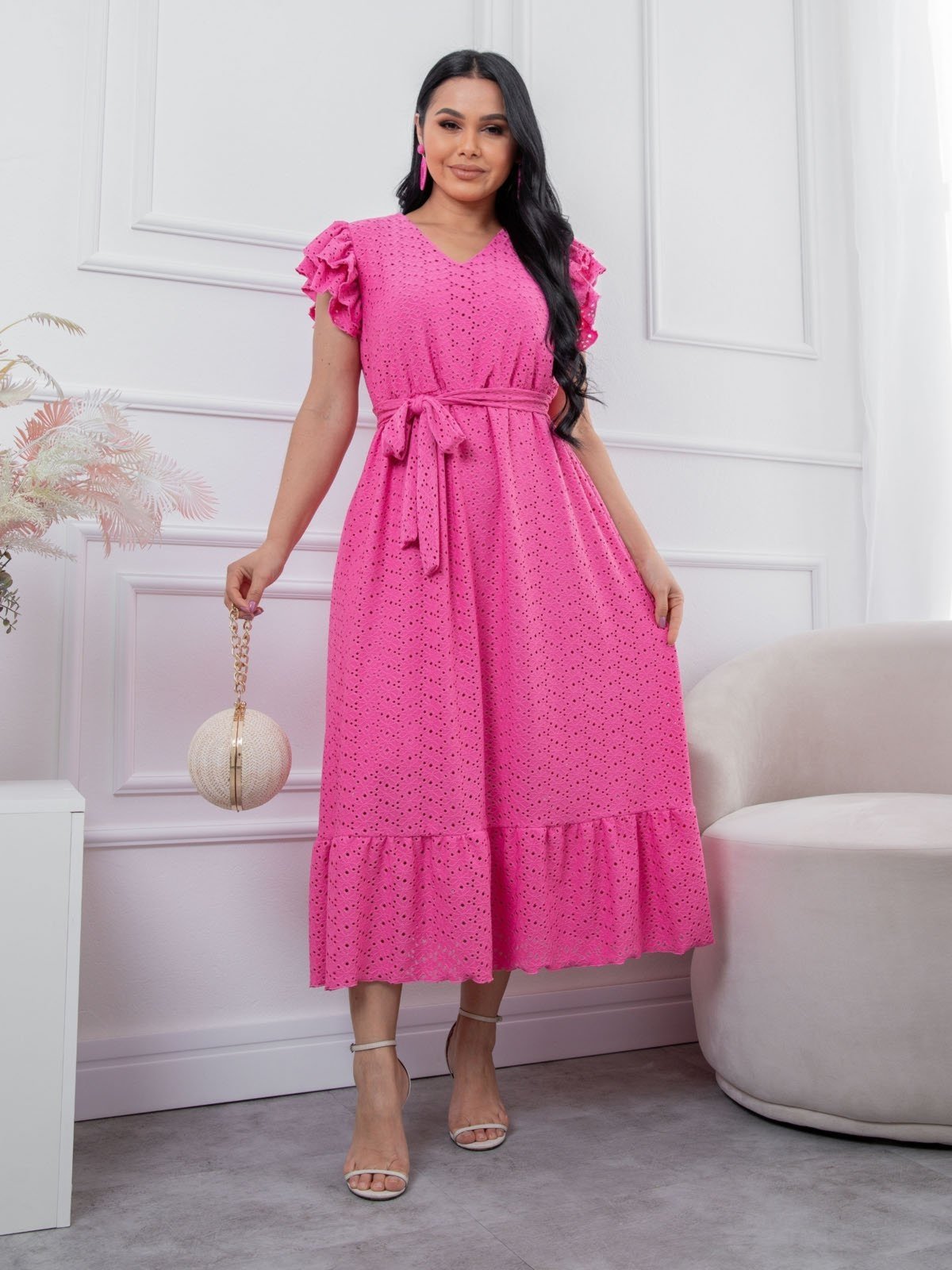 Vestido Lasie Longo Manga curta com Babados Fs Concept Confortavel e Casual Pink