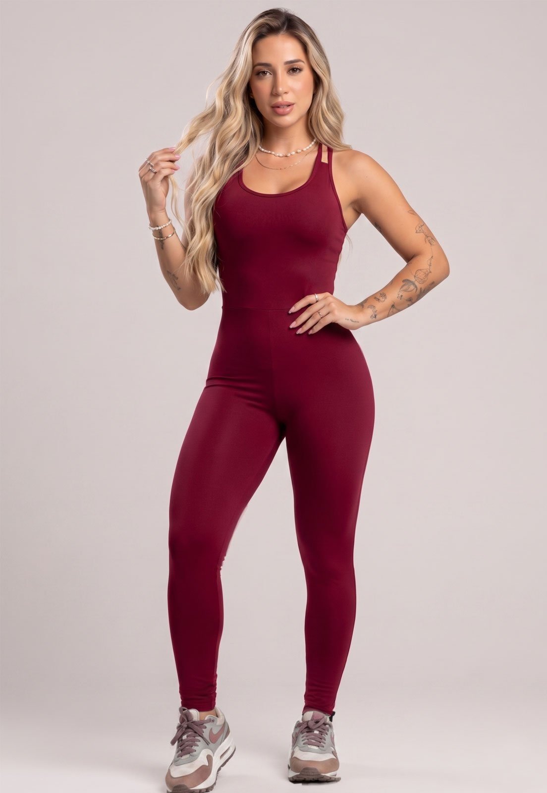 Macacão Longo MVB Modas Cruzado Costa Nua Blackout Qualidade Zero Transparencia Macaquinho Fitness Vinho