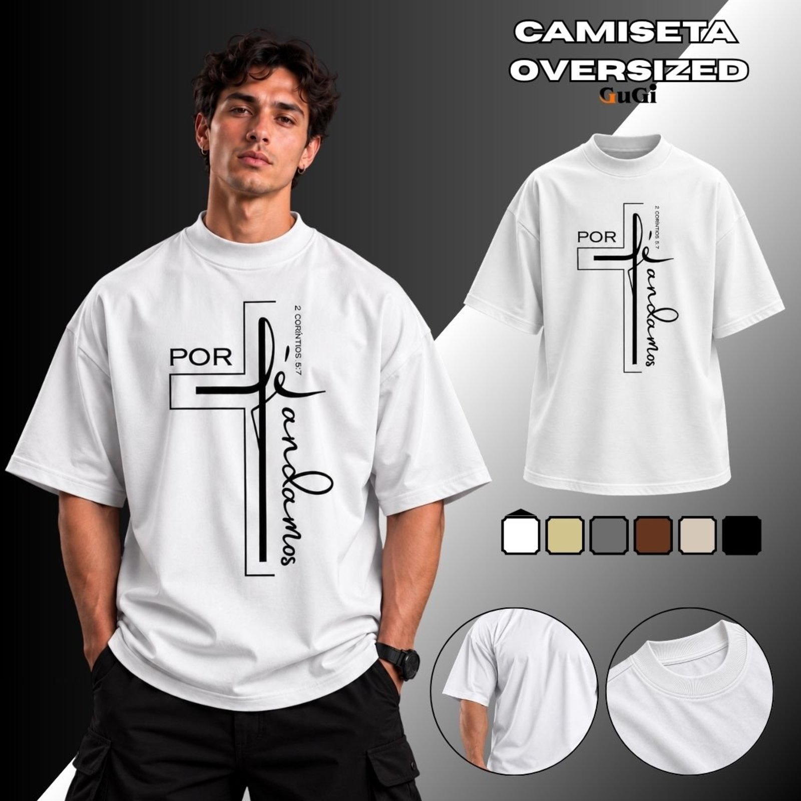 Camiseta Masculina Oversized Por Fé Andamos 100% Algodão 30.1 Branco