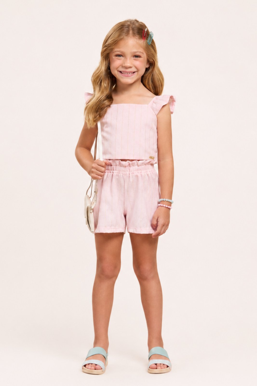 Infantil - Conjunto Menina Verão Regata e Shorts com Babadinhos Rosa