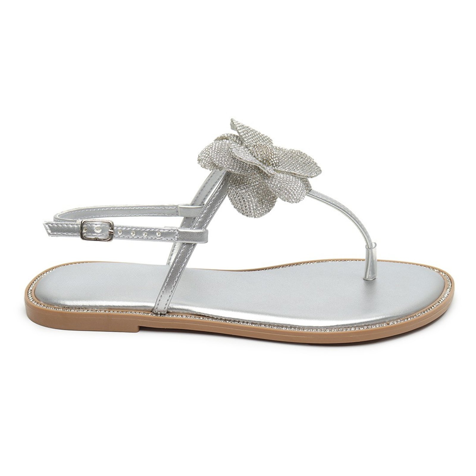 Sandália Rasteira Feminina Amarena Prata Flor Strass Ajuste Tornozelo Fivela Regulável