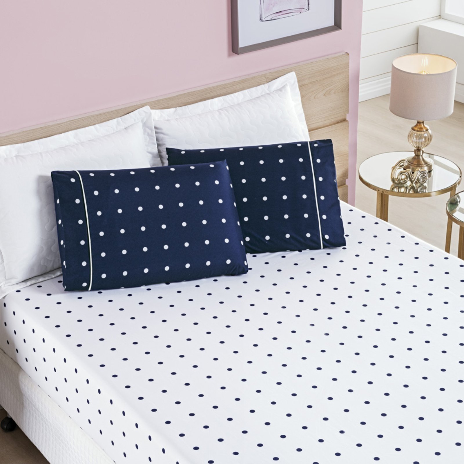 Jogo Cama Lençol Casa Scarpa Meggy Poá King Bolinhas Micropercal 200 Fios 3 Peças - Azul Marinho