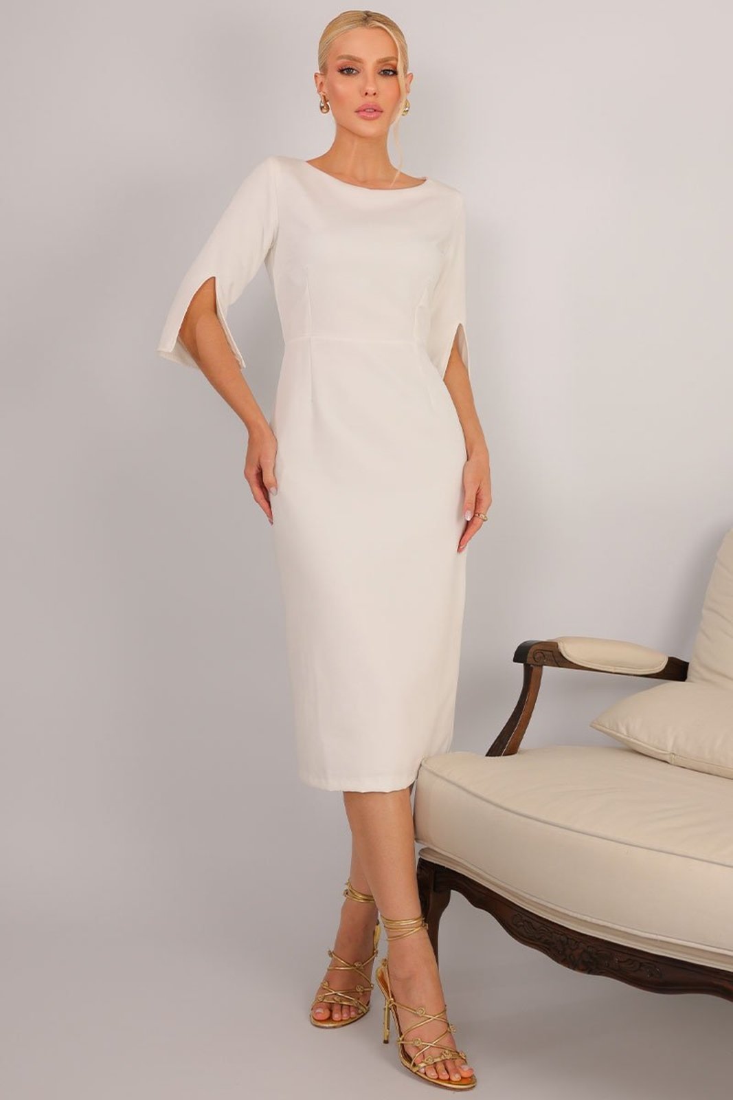 Vestido Midi Angela Manga 3/4 Tubinho Casamento Civil Off White