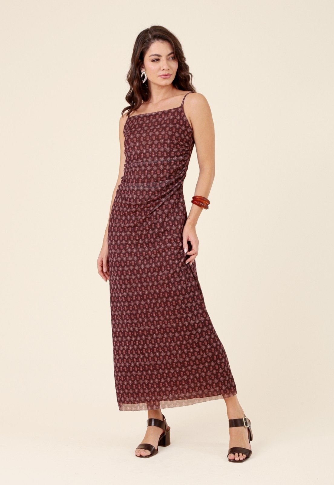 Vestido New Midi Pop Me Em Tule Mini Boho Alça Com Franzidos Marrom