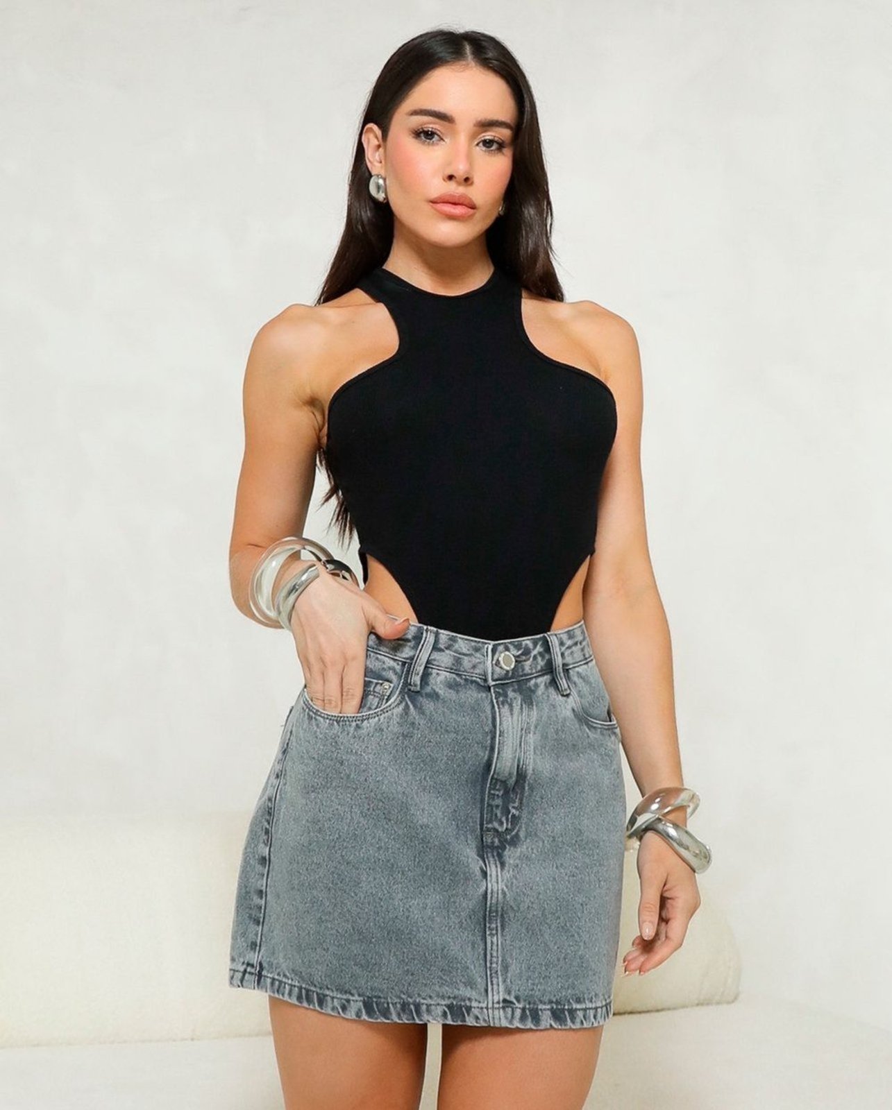Mini Saia Jeans Feminina Cintura Alta 25111 Cinza Consciência