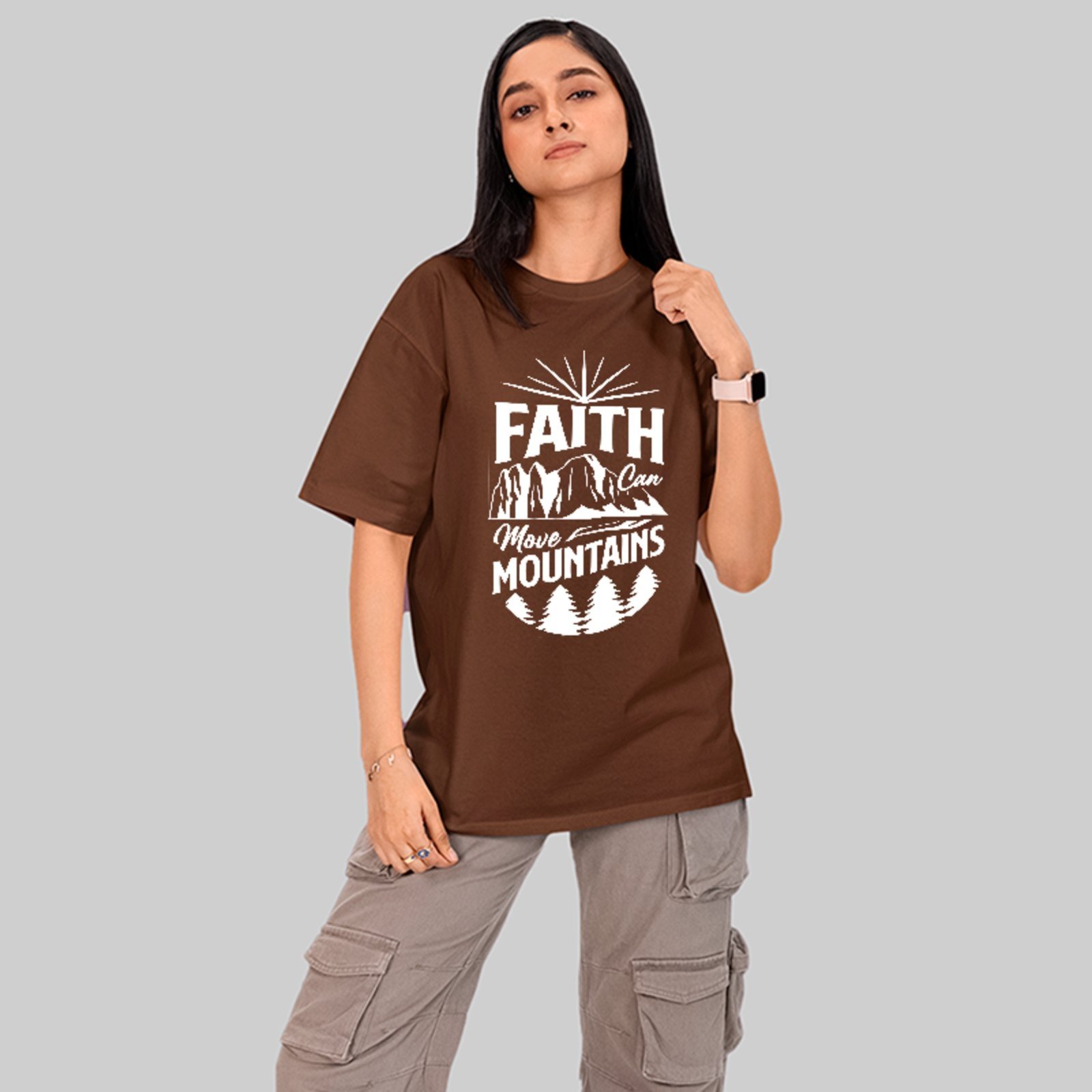 Camiseta Oversized Fé Move Mountains Streetwear Gospel Style Marrom
