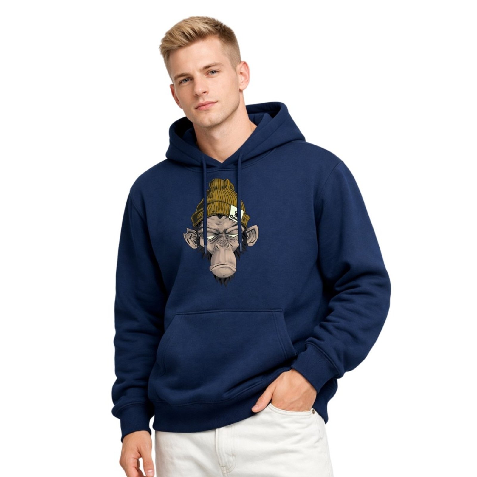 Moletom Forro Flanelado Estampado Com Capuz E Bolso Canguru Blusa De Frio Azul Marinho