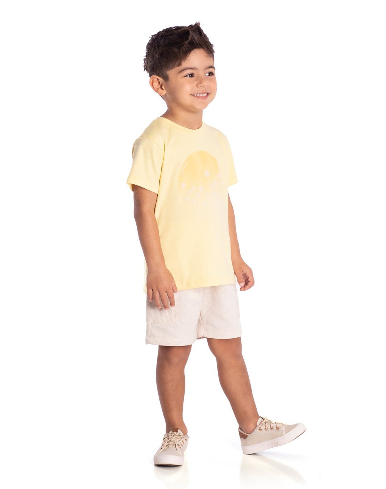 Infantil - Conj. camiseta manga curta amarelo claro + bermuda moletinho com linho