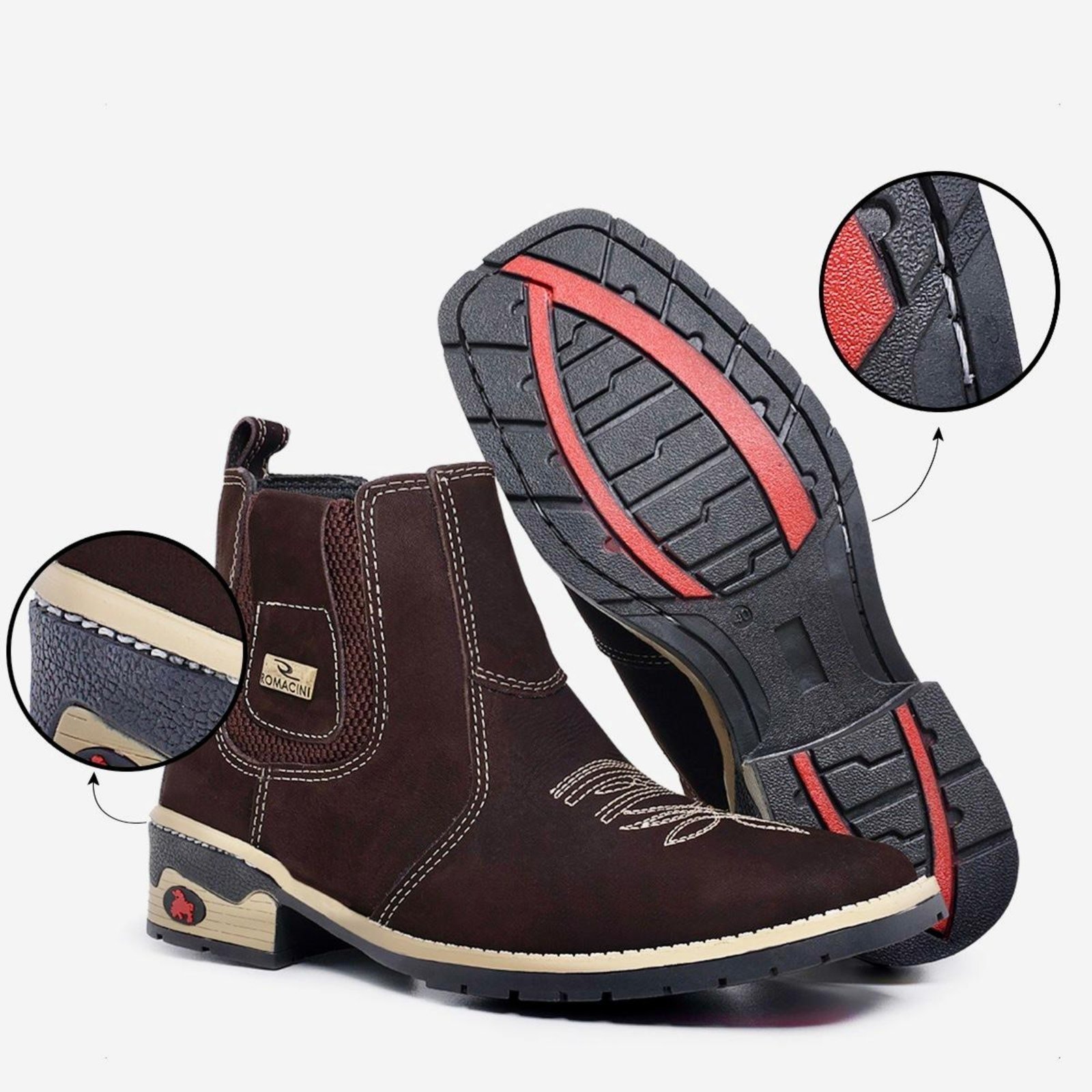 Botina Texana Masculina em Couro Solado Costurado Marrom