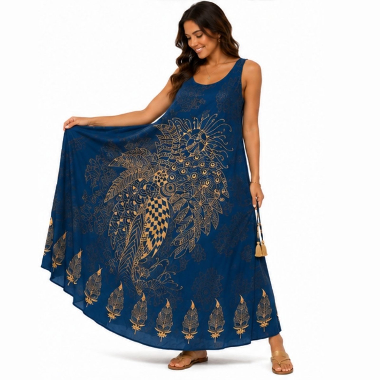 Vestido Longo Feminino Viscose Estampado com Bolso e Alça Ajustável Marinho