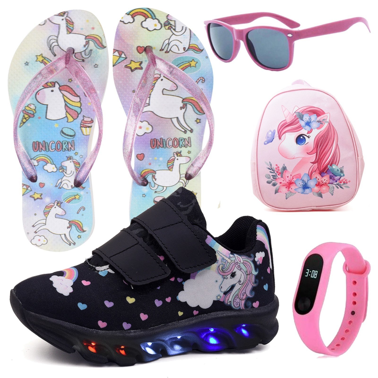 Infantil – Tênis Feminino de Led Unicornio Menina Preto Tira Colante com Mochila Chinelo Óculos e Relógio