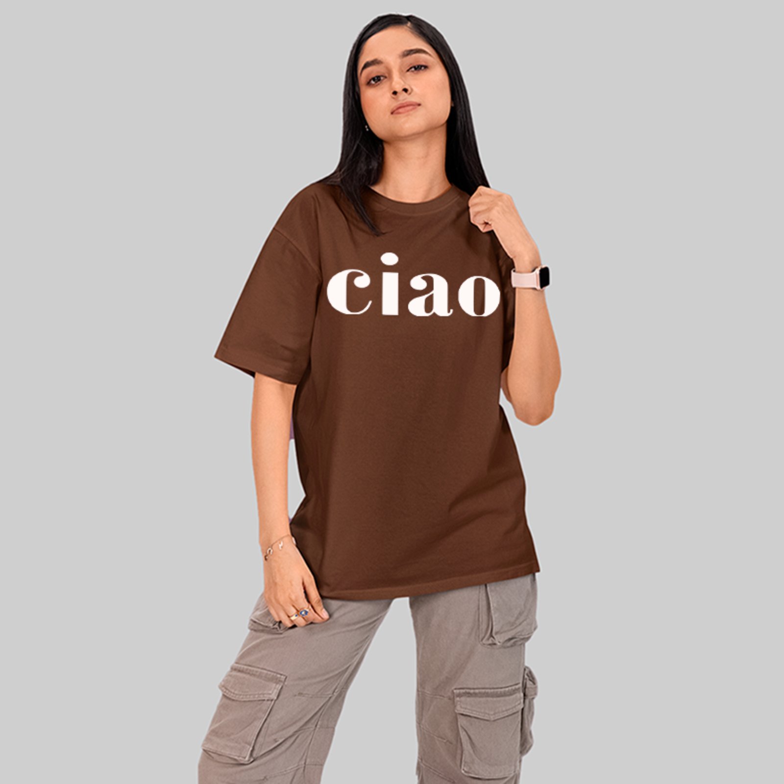Camiseta Oversized Ciao Estilo Italiano Minimal Unissex Marrom