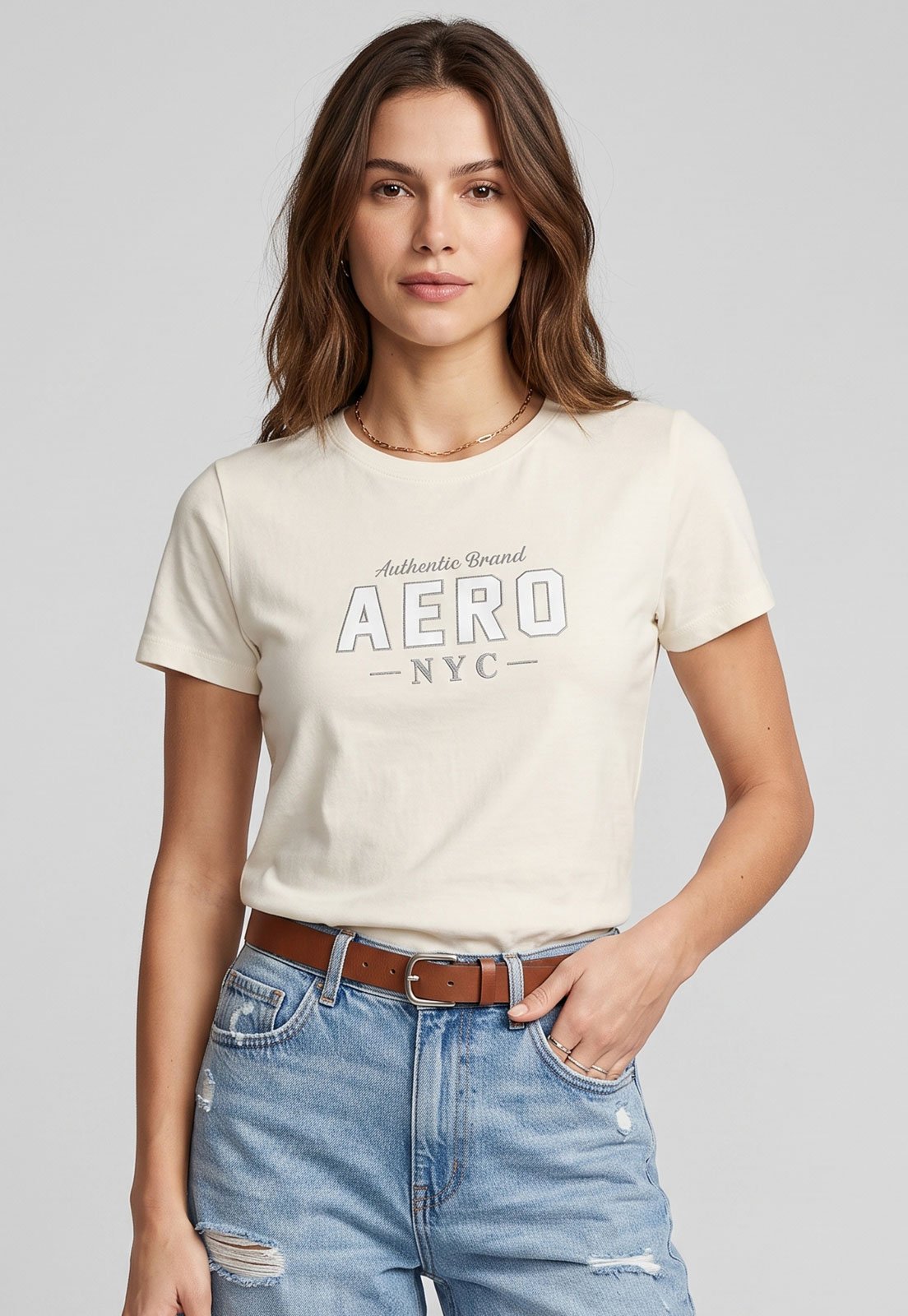Camiseta Feminina Aeropostale Estampa AERO NYC Creme