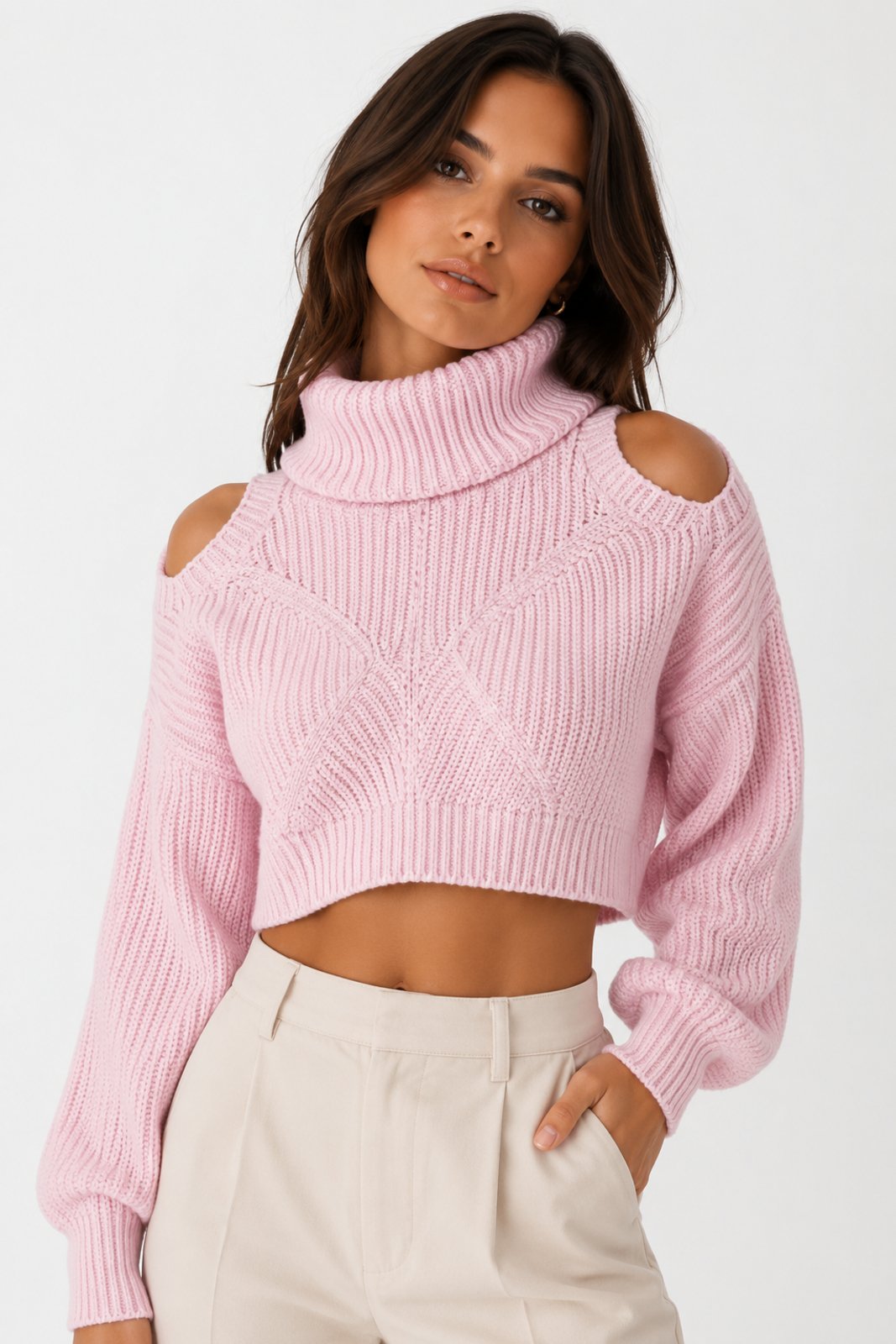Cropped Tricôt D Bell Outlet Fashion Manga Longa Rosa