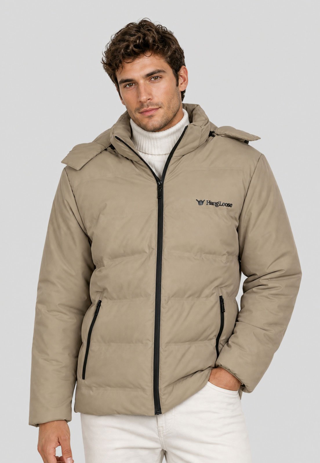 Jaqueta Masculina Hang Loose Com Capuz Puffer Bege